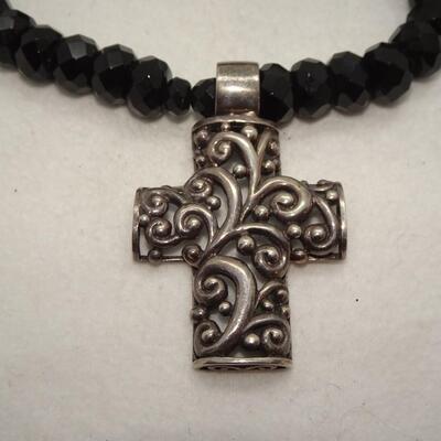 Elegant Cut Black Glass Beaded Cross Necklace, Silver Tone 