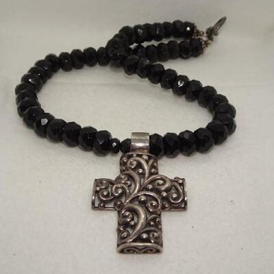 Elegant Cut Black Glass Beaded Cross Necklace, Silver Tone 