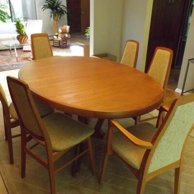Danish Mid Century Modern Teak Dining Room Table Set 7 Chairs 68"-108" Interform Collection Nationwide Shipping Available