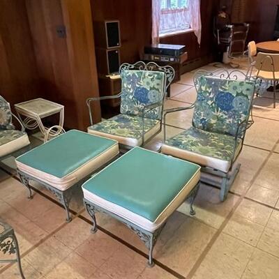 Woodard Wrought Iron Patio Set Sofa, 2 Rockers, 2 Ottomans, Coffee Table
