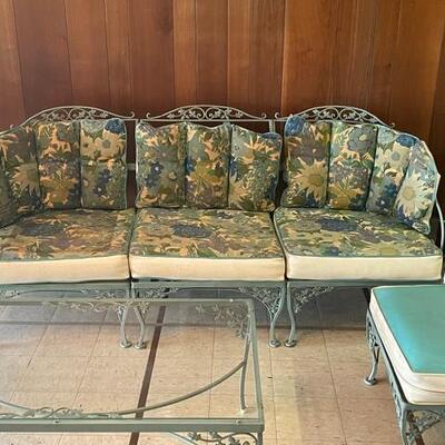 Woodard Wrought Iron Patio Set Sofa, 2 Rockers, 2 Ottomans, Coffee Table