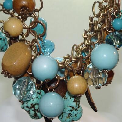 Chunky Faux TURQUOISE, Wood Statement Necklace & Matching Hook Earrings 