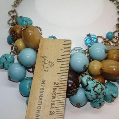 Chunky Faux TURQUOISE, Wood Statement Necklace & Matching Hook Earrings 