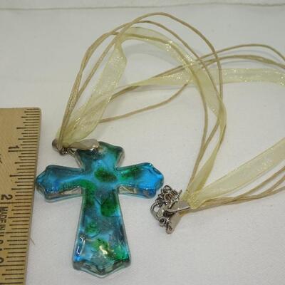 Murano like Glass Cross Pendant, Silver Tone & Ribbon Necklace, Religious Symbol 