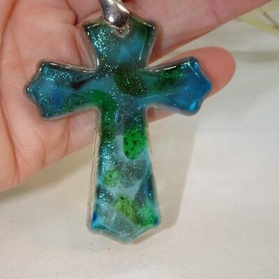 Murano like Glass Cross Pendant, Silver Tone & Ribbon Necklace, Religious Symbol 