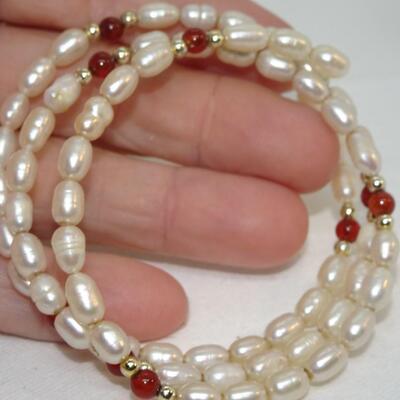 Salt Water Pearls Wire Wrap Bracelet, maybe Carnelian