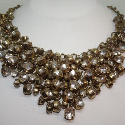 Chunk Cluster Rhinestone Gold Tone Necklace 