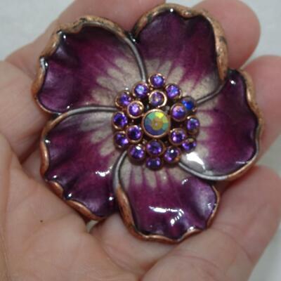 Purple Enamel & Rhinestone Flower Pin 