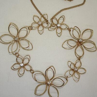 Dainty Wire Daisy Necklace, Rhinestone Centers 