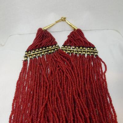 Vintage Naga India Red Iridescent Glass Seed Bead Brass Multi Strand Necklace