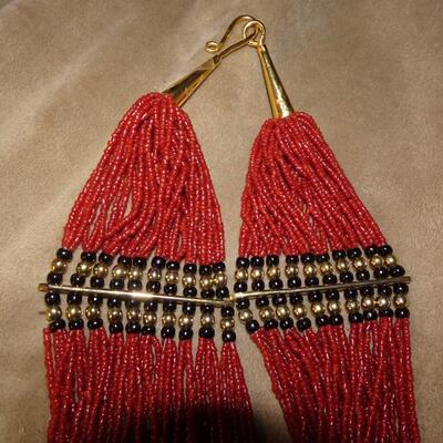 Vintage Naga India Red Iridescent Glass Seed Bead Brass Multi Strand Necklace