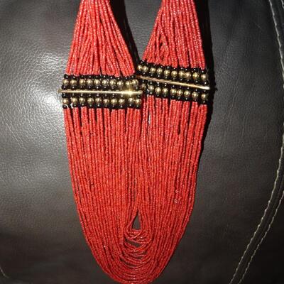 Vintage Naga India Red Iridescent Glass Seed Bead Brass Multi Strand Necklace