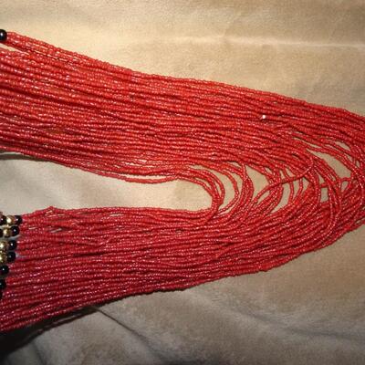Vintage Naga India Red Iridescent Glass Seed Bead Brass Multi Strand Necklace