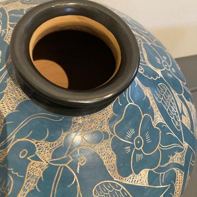 Clay Green Vase with Etched Jungle Animals 9â€w x 4.5â€h