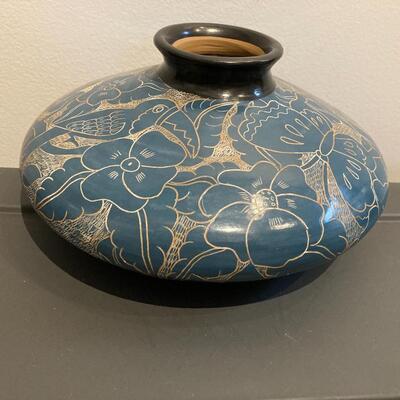 Clay Green Vase with Etched Jungle Animals 9â€w x 4.5â€h