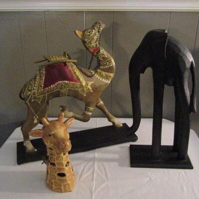 African Theme Home Decor- Wooden Elephant, Metal Camel, and Giraffe