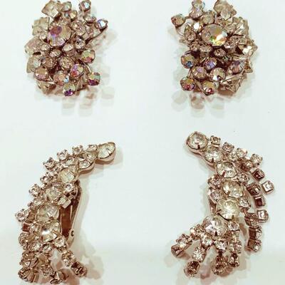 Two Pairs of Vintage Rhinestone Clip On Earrings