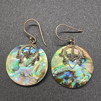 Mother of Pearl Abalone Disc with Sterling Silver Details Round Drop Earrings by Suarti