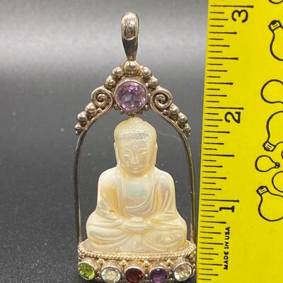 Sajen Sterling Silver Gemstone Mother of Pearl Buddha Pendant Enhancer Charm