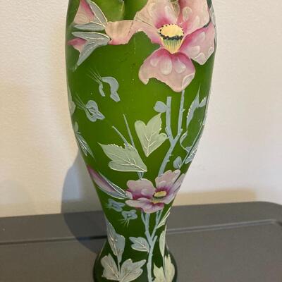 Blown Green Glass Painted Ruffled Vase 11.5â€