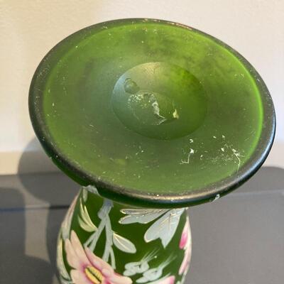 Blown Green Glass Painted Ruffled Vase 11.5â€