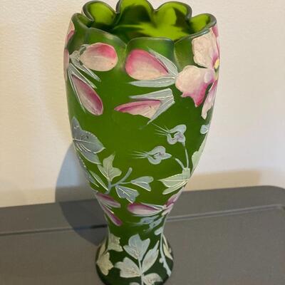 Blown Green Glass Painted Ruffled Vase 11.5â€