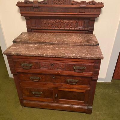 Antique Victorian burled walnut chest/washstand with rose marble top & backsplash and ornate beveled mirror 