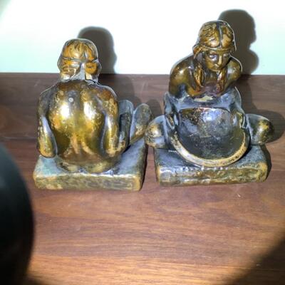 B491 Pair of Bronmet Ship Bookends and Pair of Native American Girl Bookends