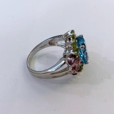 Sterling Silver and Multi-Colored Stone Flower Ring Size 7