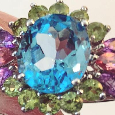 Sterling Silver and Multi-Colored Stone Flower Ring Size 7