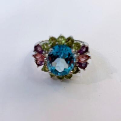 Sterling Silver and Multi-Colored Stone Flower Ring Size 7
