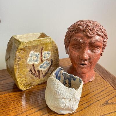 #19 Three Homemade Pottery Pieces Bust & Vases 