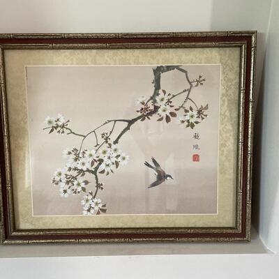 #22 Vintage Asian Painted Silk Art Bird w/Blossoms