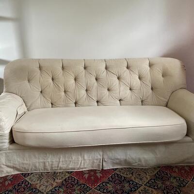 #27 DREXEL HERITAGE Tufted Ivory Fabric Couch DAMAGED