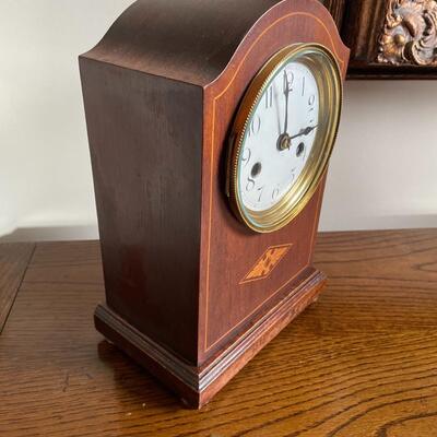 #30 Antique Inlaid Wood Wind Up Mantle Clock