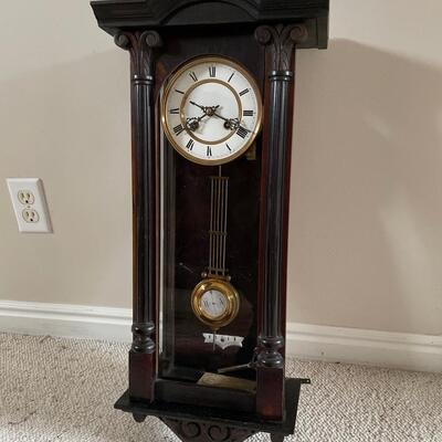 #32 Antique R & A Wind Up Carved Wooden Wall Clock