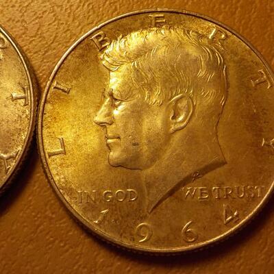 2 -1964 Kennedy half dollar coins. Silver.