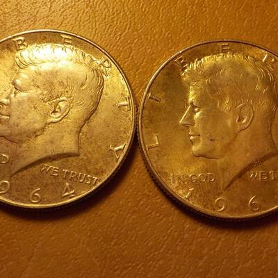 2 -1964 Kennedy half dollar coins. Silver.