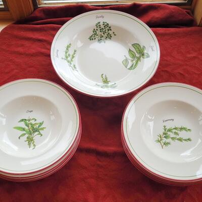 Lot 32: Crate & Barrel Large Serving Bowl and (8) Large Dinner Bowls