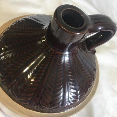 Vintage Crock Whiskey jug. vintage Shot Glass corn plug 