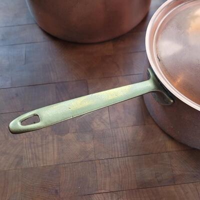 Lot 36: Paul Revere Copper Pots with Lids and Brass Handles