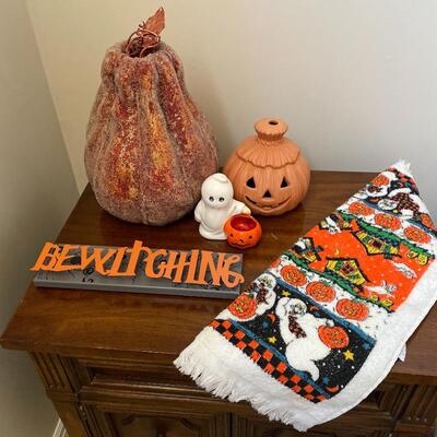 #37 Halloween Items Lot of 5 Hand Towel, Pumpkins, Ghost Candleholder, â€œBewitchingâ€ Sign