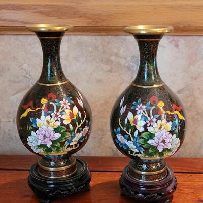 Lot 81: Pair of Cloisonne Vases (Mirrored Pair) with Stands