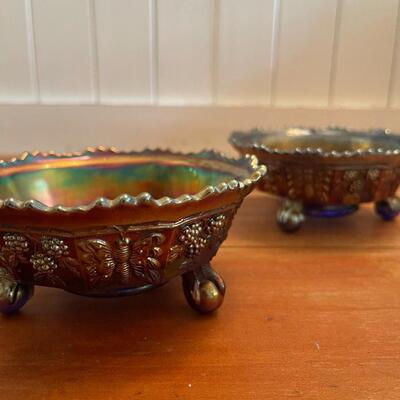 LOT 53 - Fenton Butterfly & Berry Carnival Glass, Small 3 Footed Berry Bowl, Set of 2
