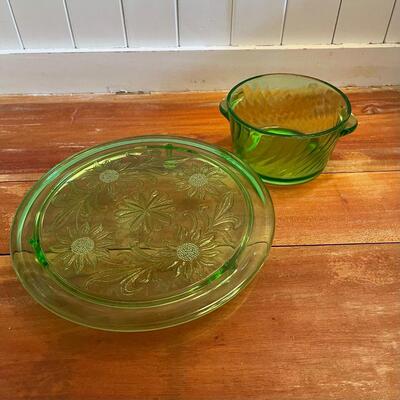 LOT 54 - Set of Green Depression Glass - Jeannette Footed Cake Plate and Bowl