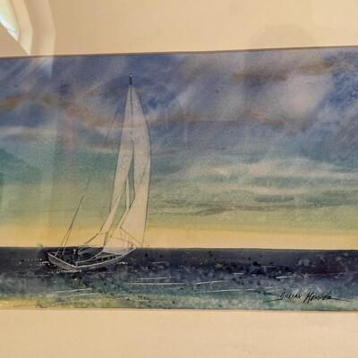 #56 Pair Watercolor Framed Art Seaside Sailboat GILLIAN KEMPER