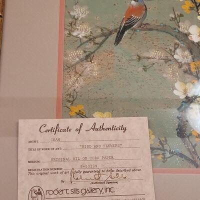 Lot 112: "Bird and Flowers" by CHAN Original Oil on Cork Paper