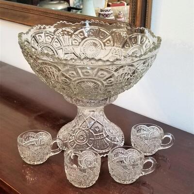 Lot #43  Vintage Pressed Glass Punch Bowl on Stand - 4 cups