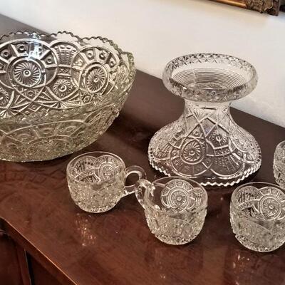 Lot #43  Vintage Pressed Glass Punch Bowl on Stand - 4 cups