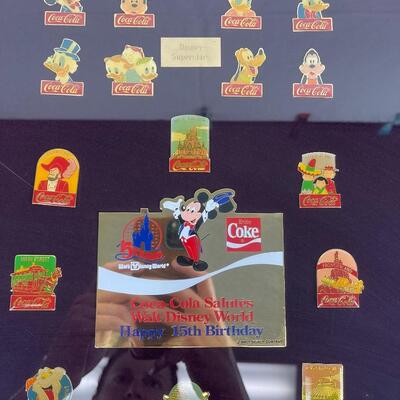 Coca-Cola Salutes Walt Disney World Happy 15th Birthday 60 pin framed set 1986